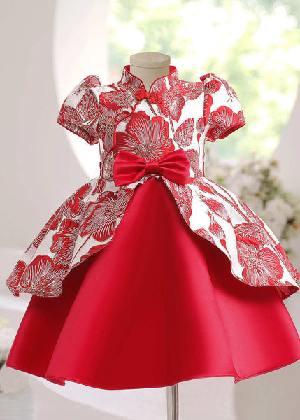 Red Short Cute Sleeve Asymmetrical Bow Kids Maxi Print Dress FashionChic