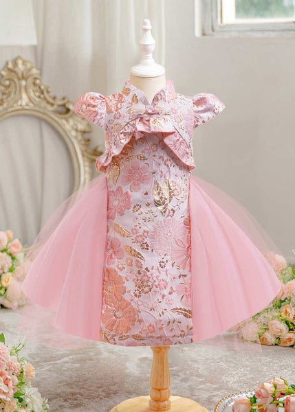 Red Short Cute Sleeve Asymmetrical Bow Kids Maxi Print Dress FashionChic