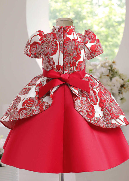 Red Short Cute Sleeve Asymmetrical Bow Kids Maxi Print Dress FashionChic