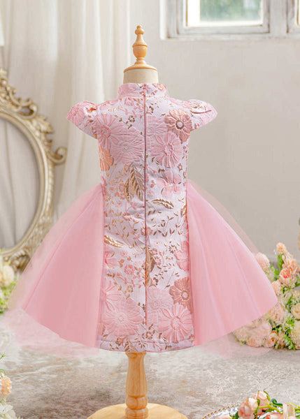 Red Short Cute Sleeve Asymmetrical Bow Kids Maxi Print Dress FashionChic