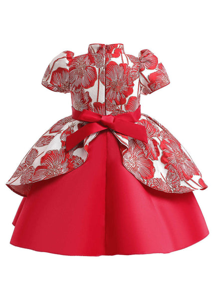 Red Short Cute Sleeve Asymmetrical Bow Kids Maxi Print Dress FashionChic