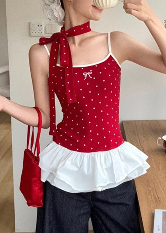 Red Ruffled Summer Tank Cute Wrinkled Patchwork Dot FashionChic