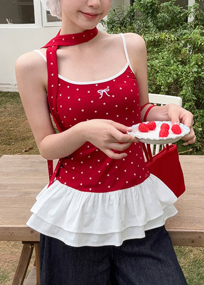 Red Ruffled Summer Tank Cute Wrinkled Patchwork Dot FashionChic
