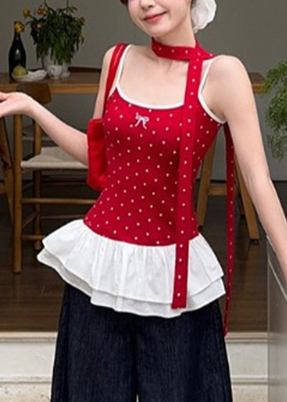 Red Ruffled Summer Tank Cute Wrinkled Patchwork Dot FashionChic