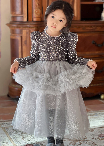 Cute Red O-Neck Sequins Patchwork Nail Bead Tulle Girls Maxi Dresses Fall RP028 ABC