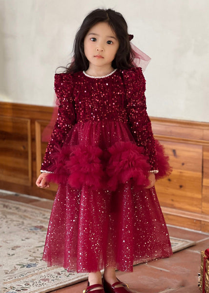 Cute Red O-Neck Sequins Patchwork Nail Bead Tulle Girls Maxi Dresses Fall RP028 ABC