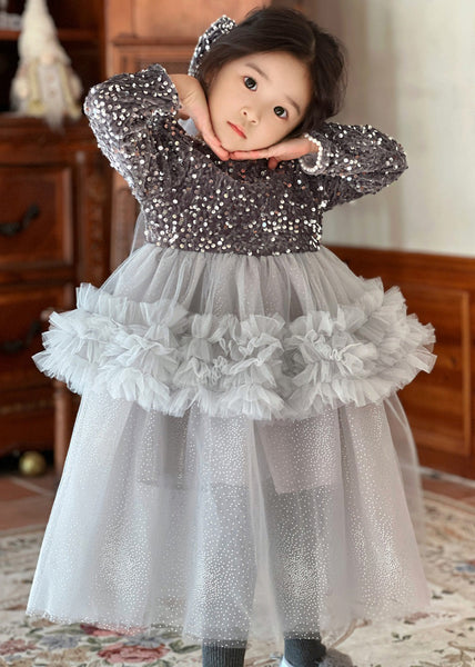 Cute Red O-Neck Sequins Patchwork Nail Bead Tulle Girls Maxi Dresses Fall RP028 ABC