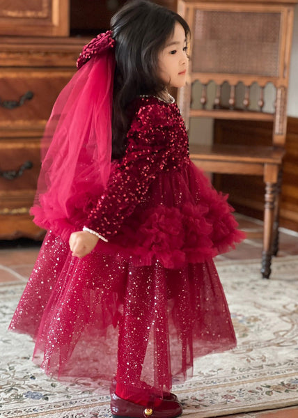 Cute Red O-Neck Sequins Patchwork Nail Bead Tulle Girls Maxi Dresses Fall RP028 ABC