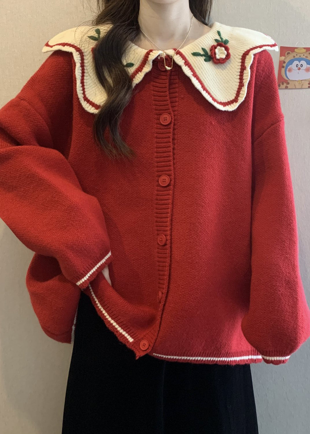 Cute Red Peter Pan Collar Embroidered Knit Loose Cardigans Winter RG024 ABC