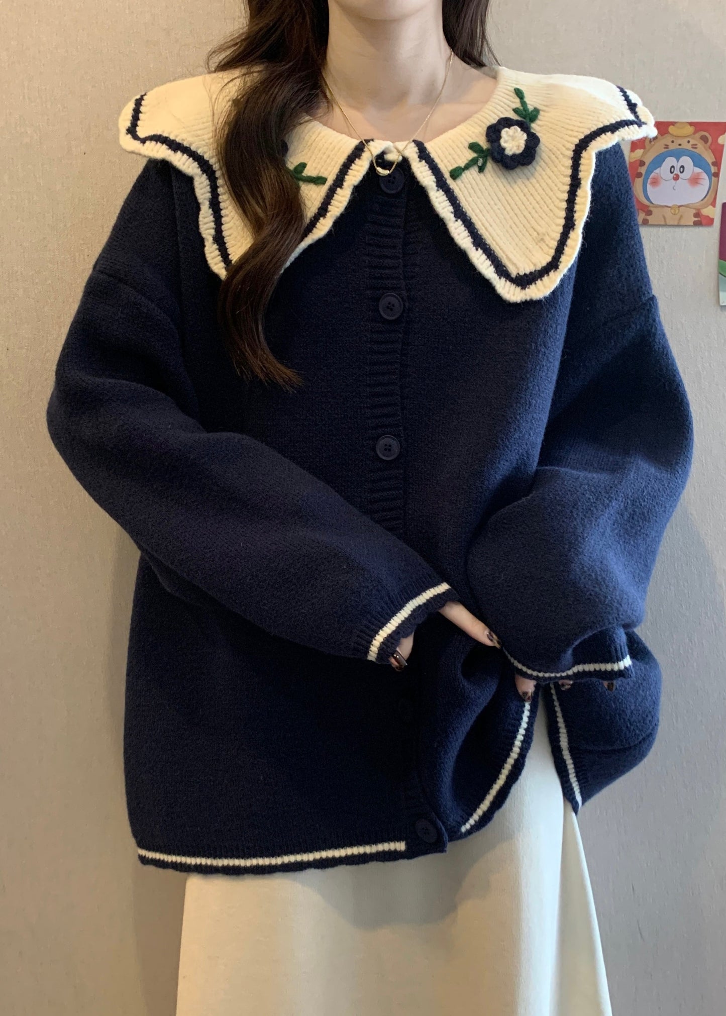 Cute Red Peter Pan Collar Embroidered Knit Loose Cardigans Winter RG024 ABC