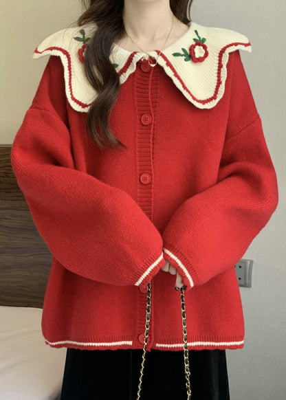 Cute Red Peter Pan Collar Embroidered Knit Loose Cardigans Winter RG024 ABC
