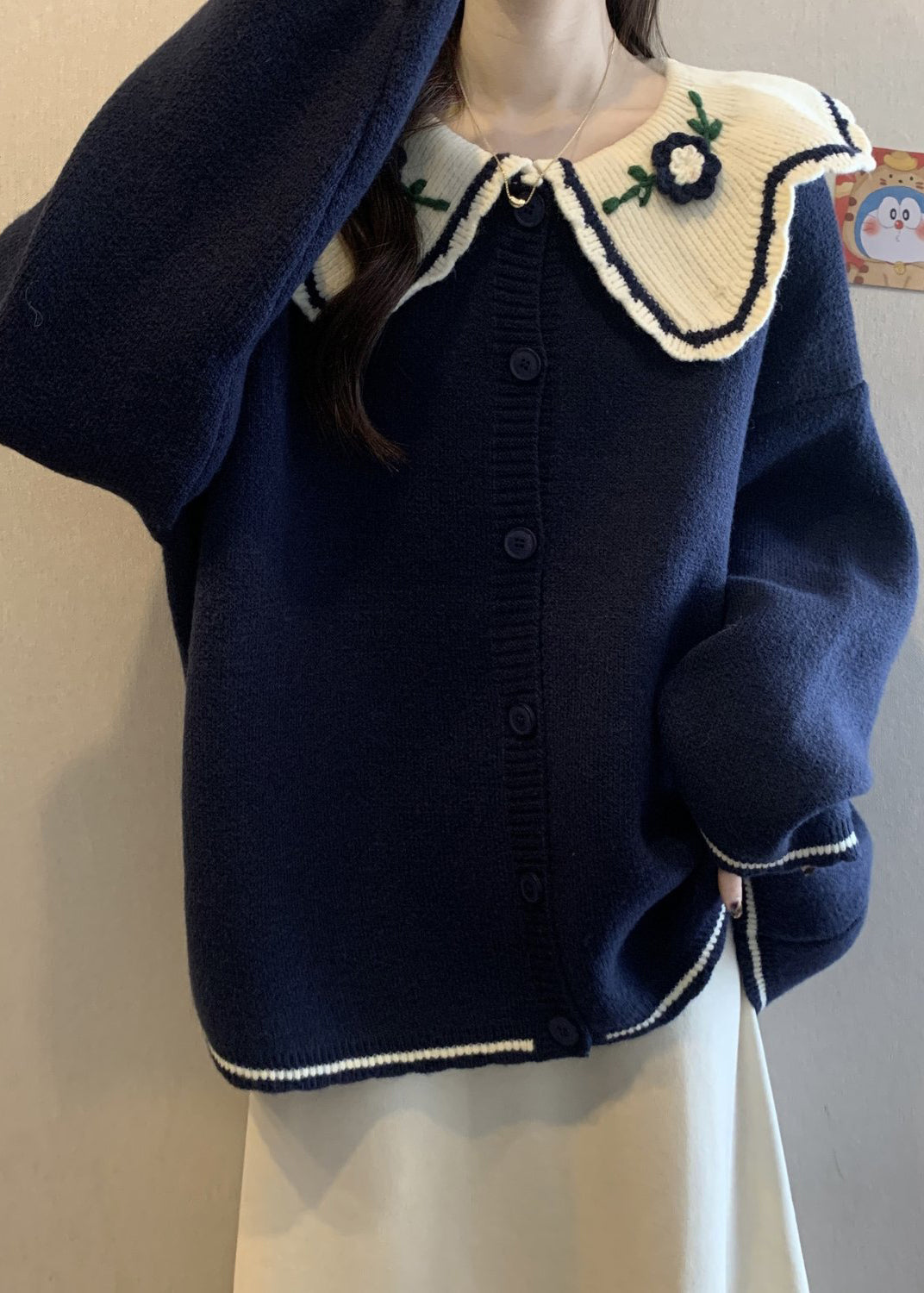 Cute Red Peter Pan Collar Embroidered Knit Loose Cardigans Winter RG024 ABC