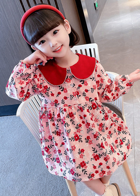 Cute Red Peter Pan Collar Print Cotton Girls Dresses Long Sleeve XZ008 FALL-MM-RCTZ-FDGL240618