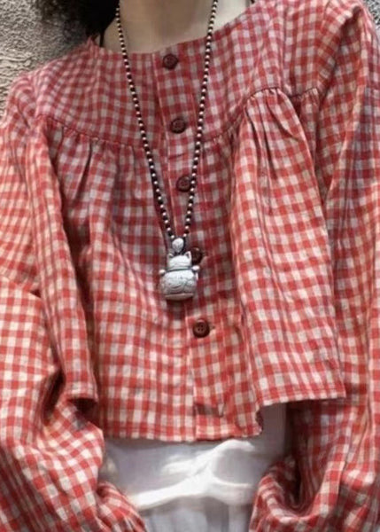 Cute Red Plaid O-Neck Button Cotton Shirt Top Long Sleeve BV015 MZF-LTP240702