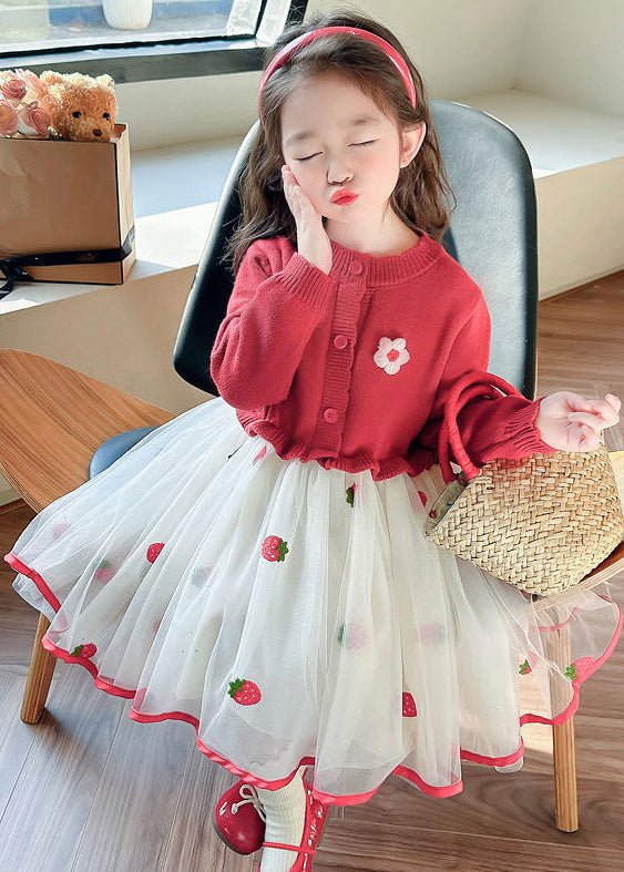 Cute Red Ruffled Tulle Patchwork Knit Girls Long Dress Fall XZ050 FALL-MM-RCTZ-FDGL240618