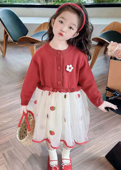 Cute Red Ruffled Tulle Patchwork Knit Girls Long Dress Fall XZ050 FALL-MM-RCTZ-FDGL240618