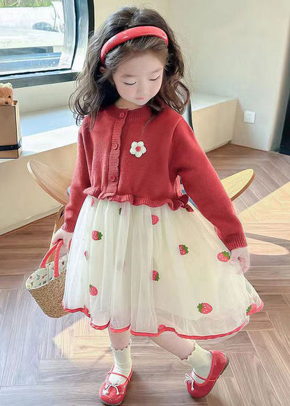 Cute Red Ruffled Tulle Patchwork Knit Girls Long Dress Fall XZ050 FALL-MM-RCTZ-FDGL240618