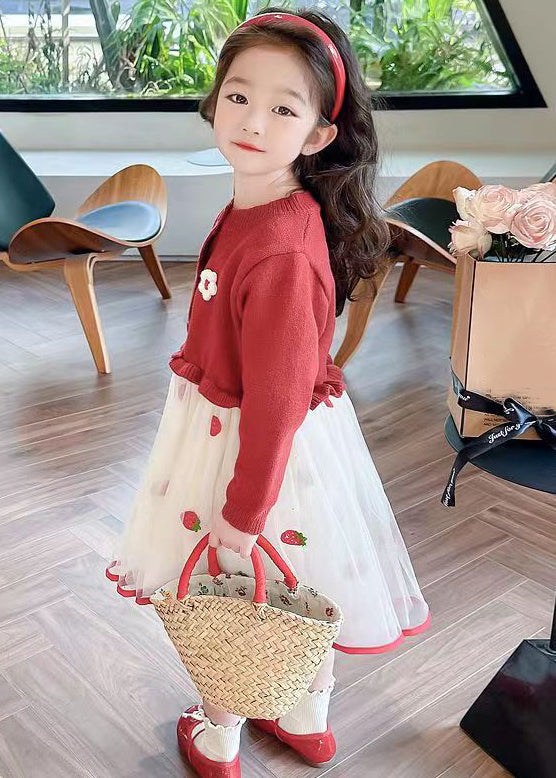 Cute Red Ruffled Tulle Patchwork Knit Girls Long Dress Fall XZ050 FALL-MM-RCTZ-FDGL240618