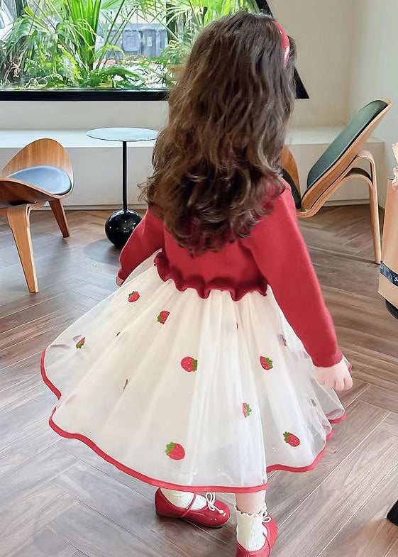 Cute Red Ruffled Tulle Patchwork Knit Girls Long Dress Fall XZ050 FALL-MM-RCTZ-FDGL240618