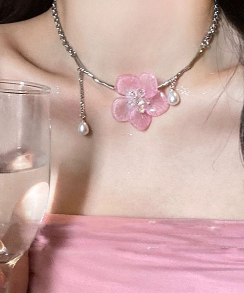 Cute Retro Pink Stainless Steel Pearl Floral Tassel Pendant Necklace YA015 ABC