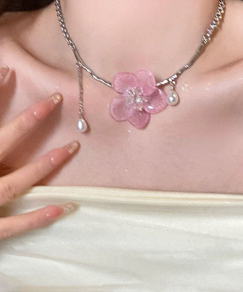 Cute Retro Pink Stainless Steel Pearl Floral Tassel Pendant Necklace YA015 ABC