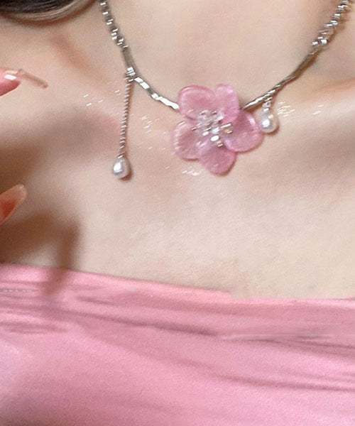 Cute Retro Pink Stainless Steel Pearl Floral Tassel Pendant Necklace YA015 ABC