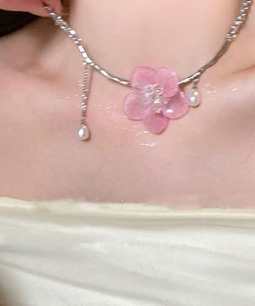 Cute Retro Pink Stainless Steel Pearl Floral Tassel Pendant Necklace YA015 ABC