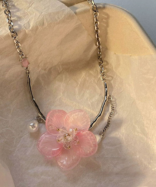 Cute Retro Pink Stainless Steel Pearl Floral Tassel Pendant Necklace YA015 ABC