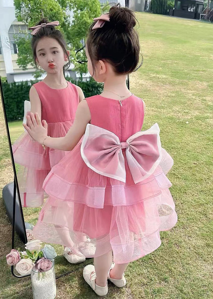 Cute Rose Zippered Bow Tulle Patchwork Girls Dresses Sleeveless TT035 WS-JRTZSDGL240817