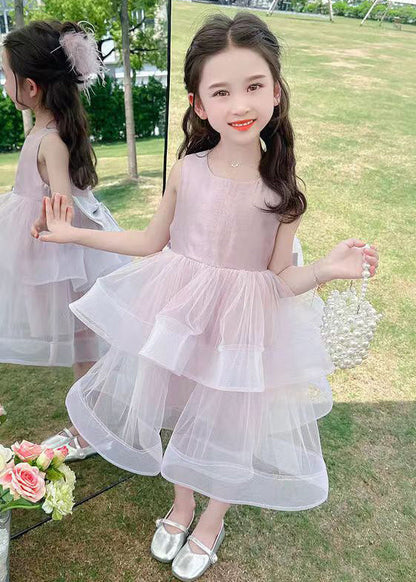 Cute Rose Zippered Bow Tulle Patchwork Girls Dresses Sleeveless TT035 WS-JRTZSDGL240817