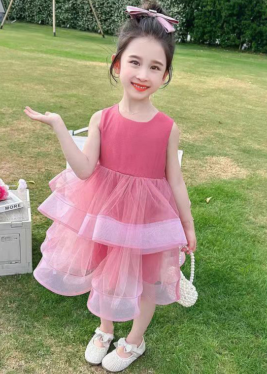 Cute Rose Zippered Bow Tulle Patchwork Girls Dresses Sleeveless TT035 WS-JRTZSDGL240817