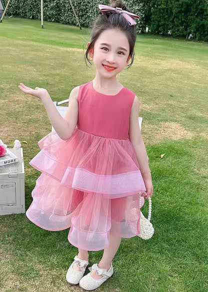 Cute Rose Zippered Bow Tulle Patchwork Girls Dresses Sleeveless TT035 WS-JRTZSDGL240817