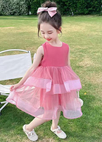 Cute Rose Zippered Bow Tulle Patchwork Girls Dresses Sleeveless TT035 WS-JRTZSDGL240817