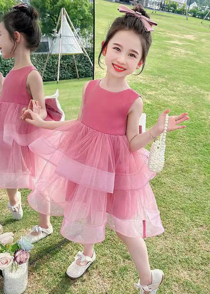 Cute Rose Zippered Bow Tulle Patchwork Girls Dresses Sleeveless TT035 WS-JRTZSDGL240817