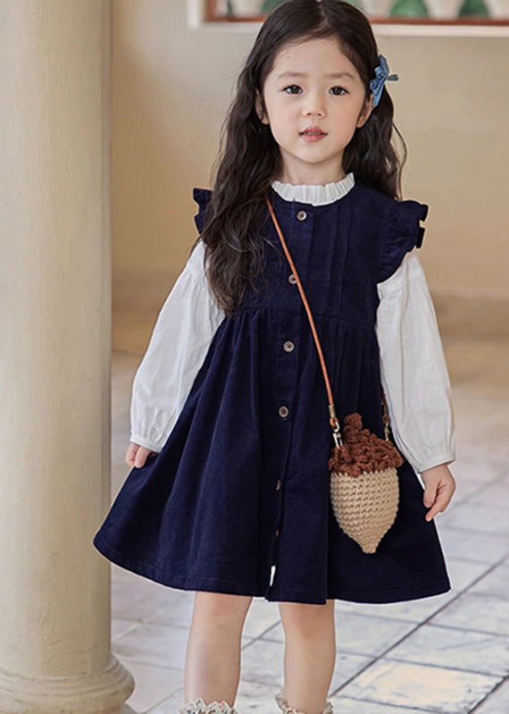 Cute Ruffled Patchwork Girls Long Dress And Shirts Two Pieces Set Puff Sleeve TR017 ABC