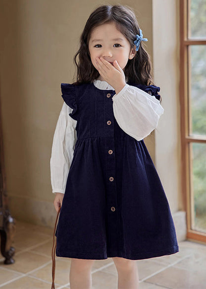 Cute Ruffled Patchwork Girls Long Dress And Shirts Two Pieces Set Puff Sleeve TR017 ABC