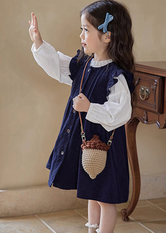 Cute Ruffled Patchwork Girls Long Dress And Shirts Two Pieces Set Puff Sleeve TR017 ABC