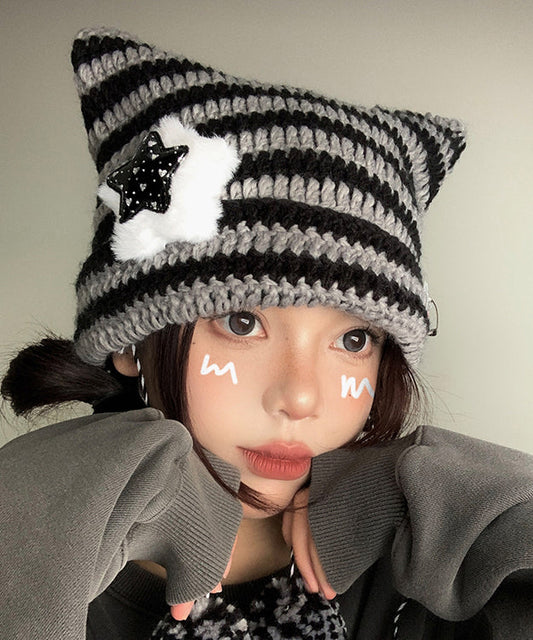 Cute Striped Knitted Cat Ear Boonie Hat Autumn And Winter WI024 hat-HAT241105