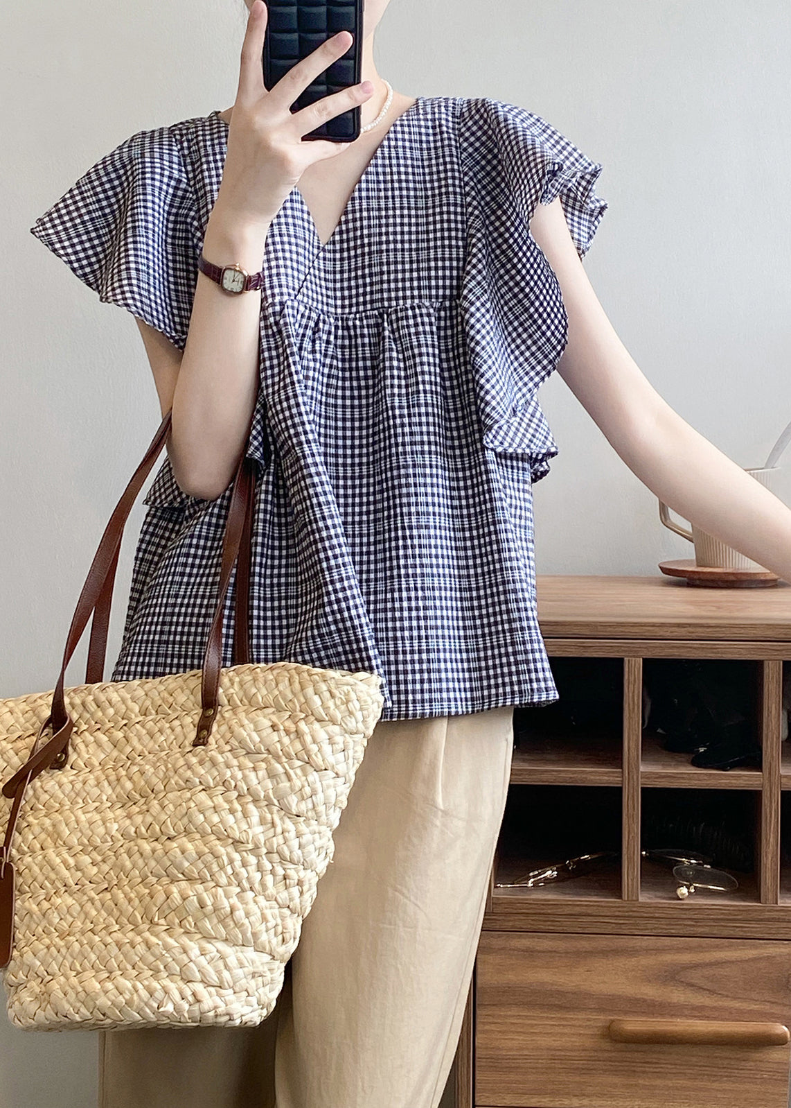 Cute V Neck Plaid Cotton Shirts Top Butterfly Sleeve QB007 HS-STP241025