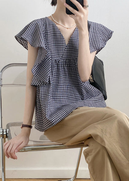 Cute V Neck Plaid Cotton Shirts Top Butterfly Sleeve QB007 HS-STP241025