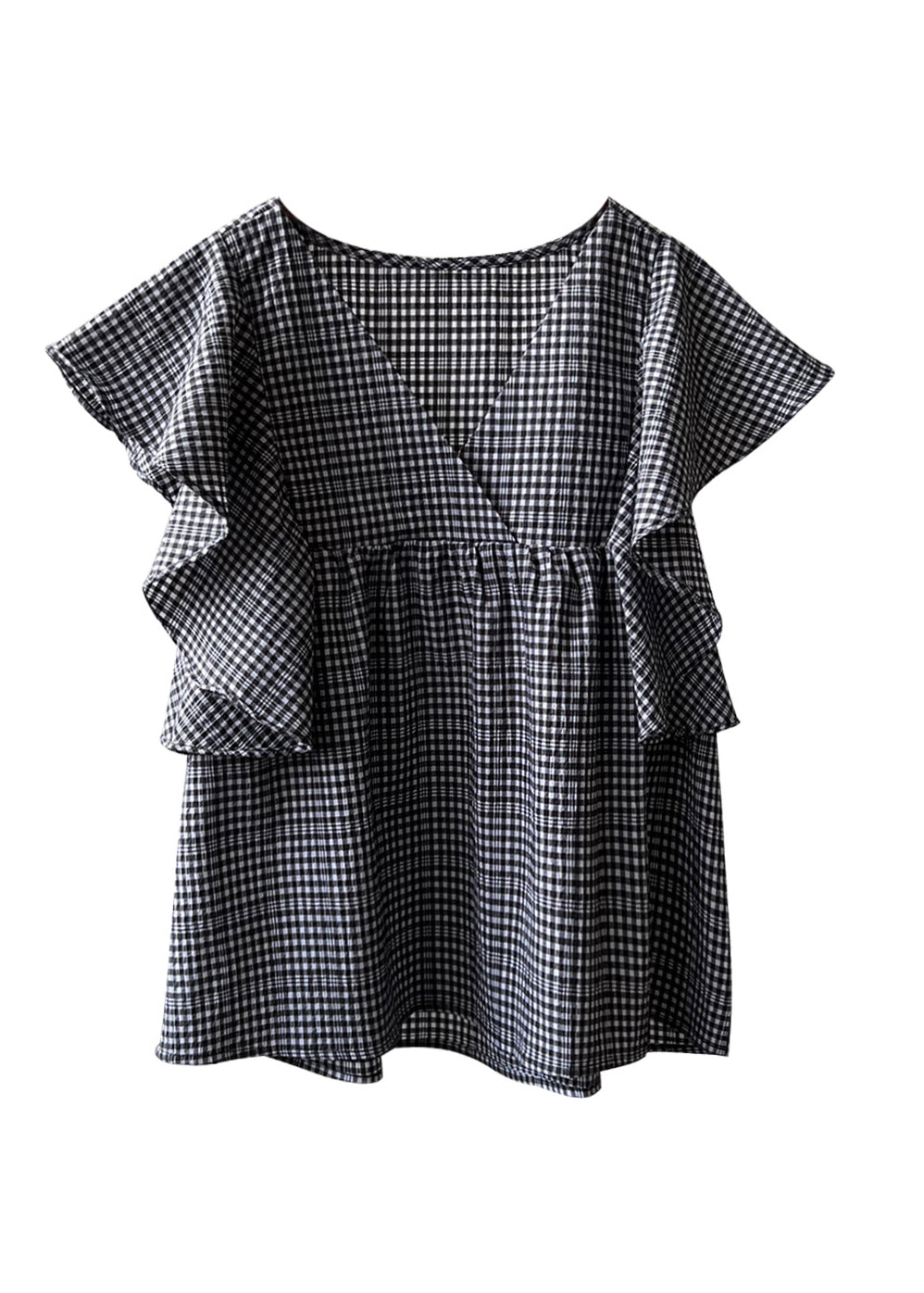 Cute V Neck Plaid Cotton Shirts Top Butterfly Sleeve QB007 HS-STP241025