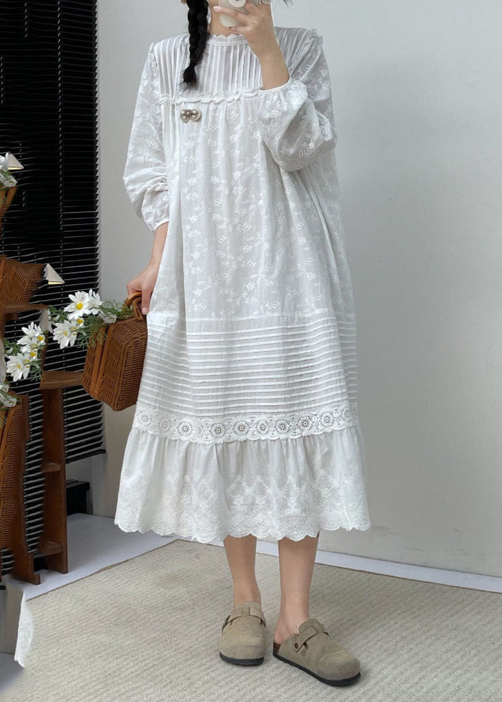 Cute White Embroidered Ruffled Patchwork Wrinkled Cotton Maxi Dress Long Slee BV030 MZF-FDL240702