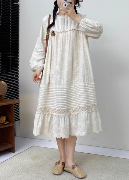 Cute White Embroidered Ruffled Patchwork Wrinkled Cotton Maxi Dress Long Slee BV030 MZF-FDL240702