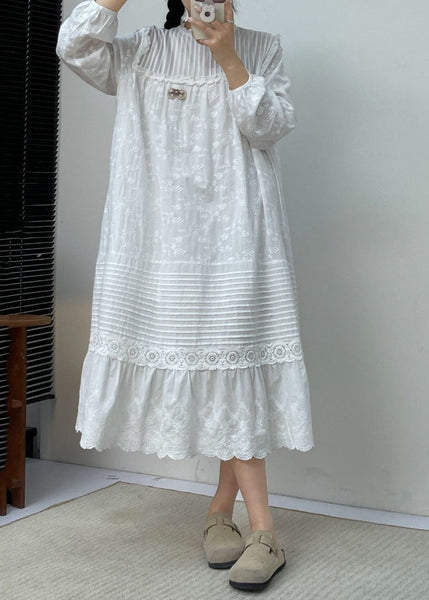 Cute White Embroidered Ruffled Patchwork Wrinkled Cotton Maxi Dress Long Slee BV030 MZF-FDL240702
