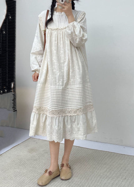 Cute White Embroidered Ruffled Patchwork Wrinkled Cotton Maxi Dress Long Slee BV030 MZF-FDL240702