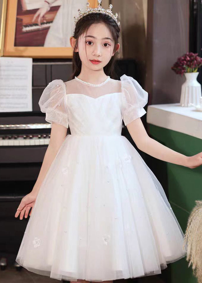 Cute White Embroideried Patchwork Tulle Girls Long Dresses Short Sleeve XZ027 SDGL240618