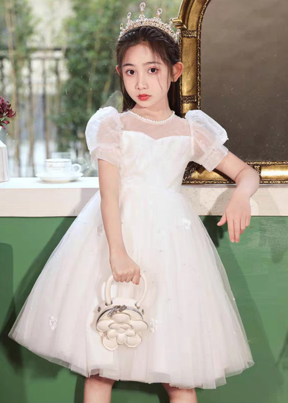 Cute White Embroideried Patchwork Tulle Girls Long Dresses Short Sleeve XZ027 SDGL240618
