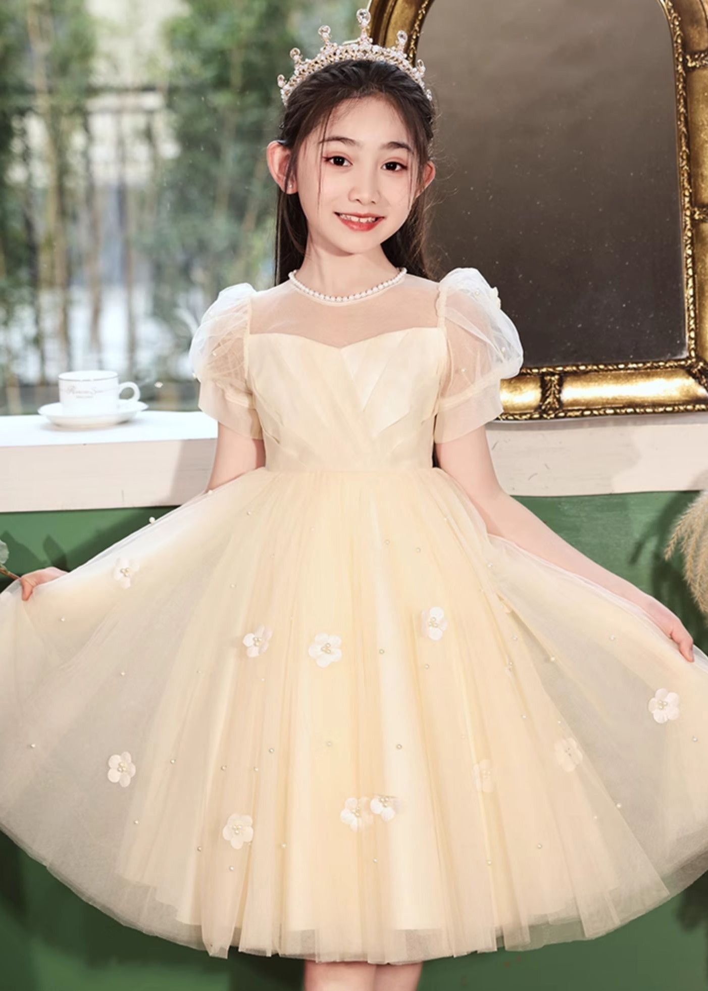Cute White Embroideried Patchwork Tulle Girls Long Dresses Short Sleeve XZ027 SDGL240618