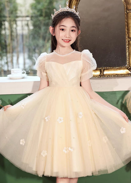 Cute White Embroideried Patchwork Tulle Girls Long Dresses Short Sleeve XZ027 SDGL240618