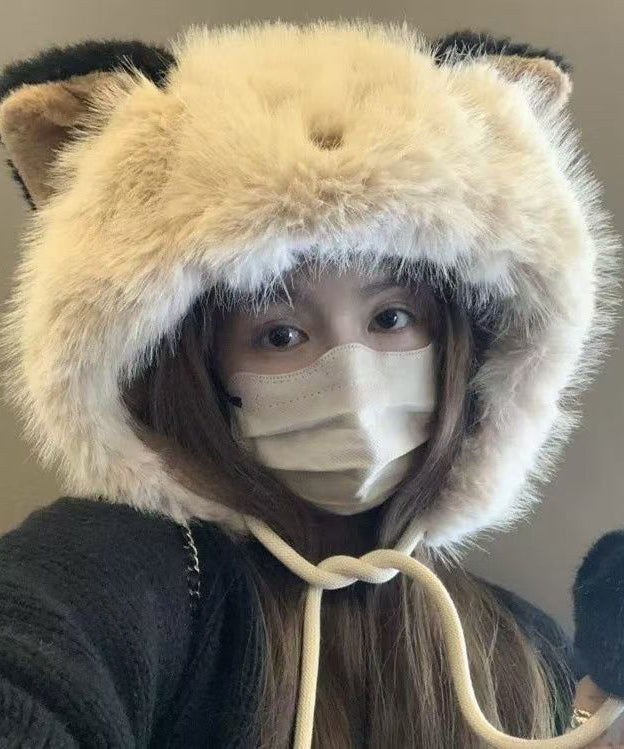 Cute White Lace Up Faux Fur Thick Warm Bucket Hat RB055 ABC